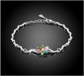 Bransoletka srebrna 925 z 6 naturalnymi turmalinami i diamentowymi cyrkoniami - kwiat