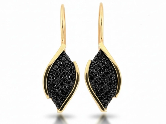 Kolczyki złote na biglu romby z czarnymi cyrkoniami z czarnym rombem