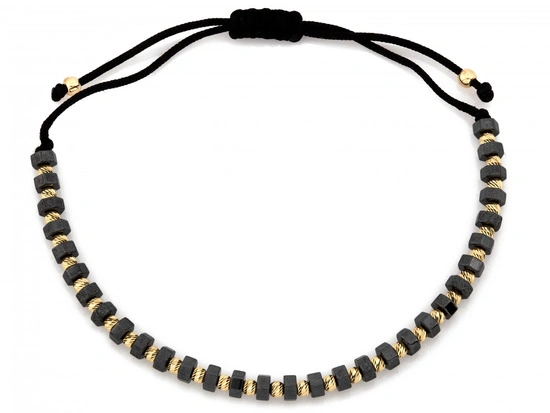 Bransoletka złote kulki i hematyty na czarnym sznurku