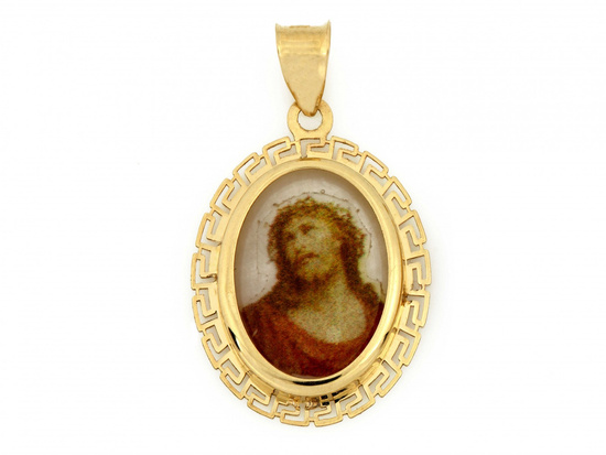 Medalik złoty owalny emaliowany Jezus w koronie cierniowej