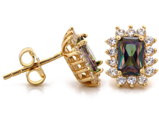 Kolczyki złote na sztyfcie prostokątne z topazem mistycznym