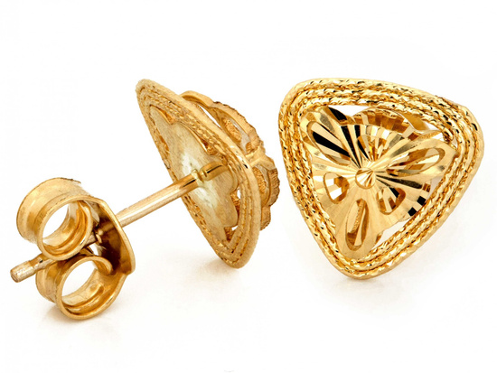 Kolczyki złote błyszczące trójkątne przestrzenne na sztyfcie