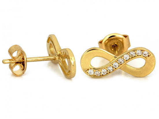 Złote kolczyki nieskończoność na sztyfcie z cyrkoniami