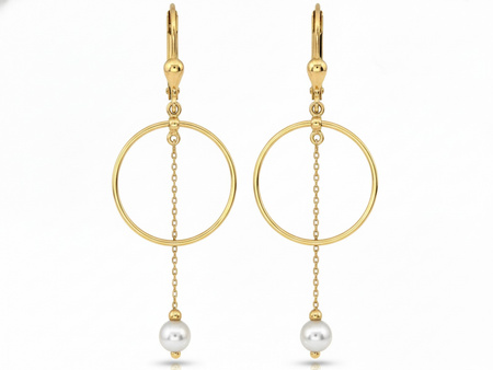 Kolczyki złote angielskie wiszące kółka z perłą na łańcuszku