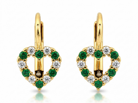 Złote kolczyki z sercem z zielonymi cyrkoniami