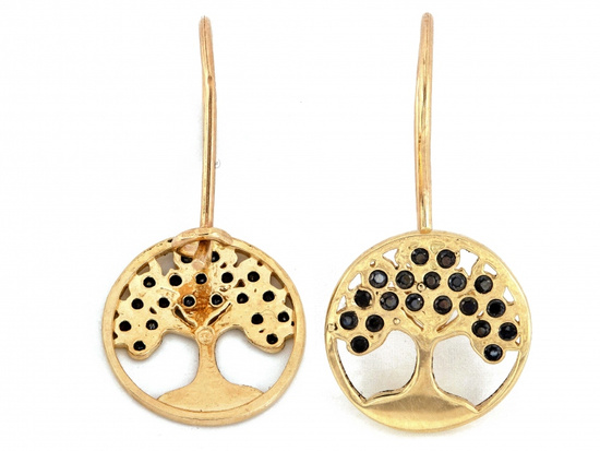 Kolczyki złote na biglu drzewko szczęścia z czarnymi cyrkoniami