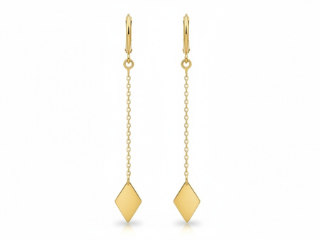 Kolczyki złote długie łańcuszki zakończone małym rombem
