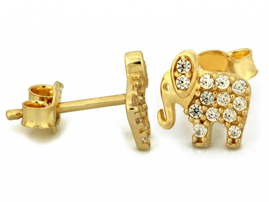 Kolczyki złote słonik z cyrkoniami na sztyfcie