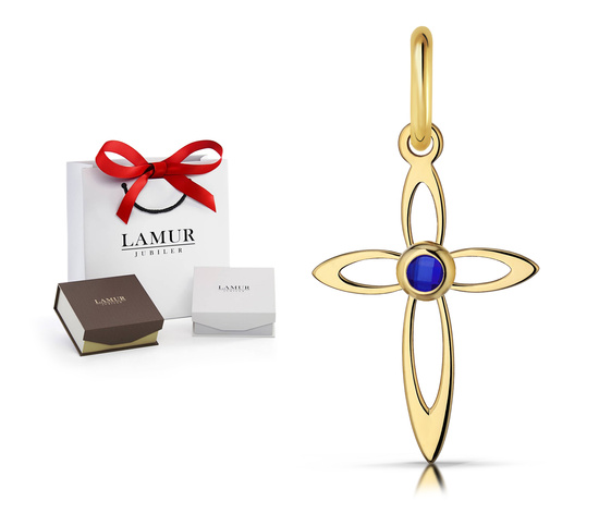 Złoty krzyżyk 585 - zawieszka z niebieską cyrkonią