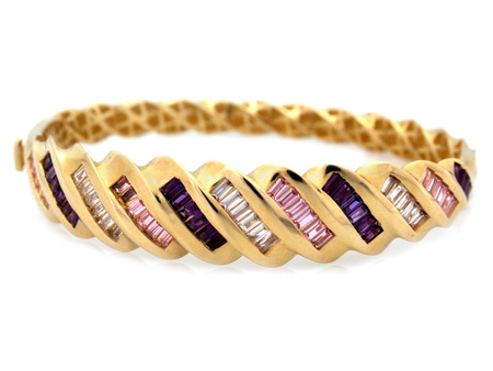 Bransoleta złota sztywna szeroka z kolorowymi cyrkoniami