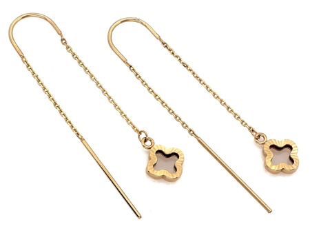 Długie złote kolczyki przeciągane z błyszczącym kwiatkiem