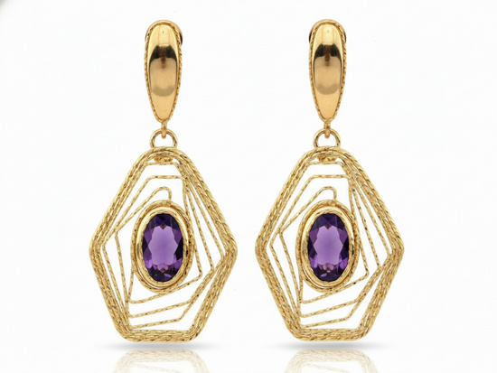 Kolczyki złote duże wiszące ażurowe z ametystem