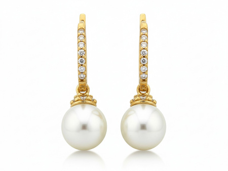 Kolczyki złote małe kółeczka z wiszącą perłą