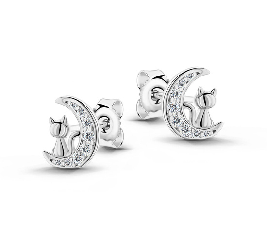 Srebrne kolczyki 925 z diamentowymi cyrkoniami - księżyc, kotki