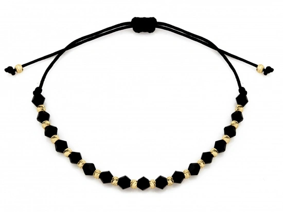 Bransoletka złote kulki i onyksy na czarnym sznurku