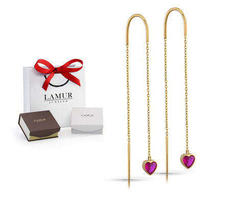 Złote kolczyki 585 przewlekane - serduszka z cyrkoniami