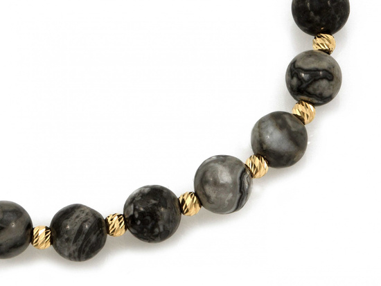 Bransoletka złote kulki i marmurkowe kamienie na czarnym sznurku