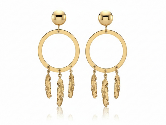 Kolczyki złote kółka z wiszącymi piórkami 