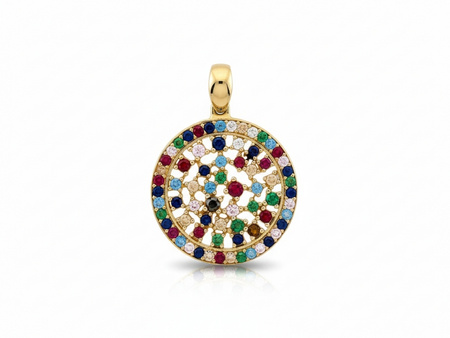 Zawieszka złota okrągła z kolorowymi cyrkoniami