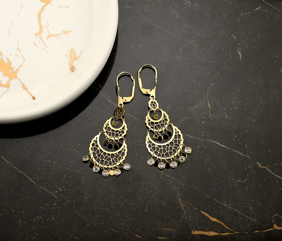 Złote kolczyki 585 - wiszące ażurowe z cyrkoniami