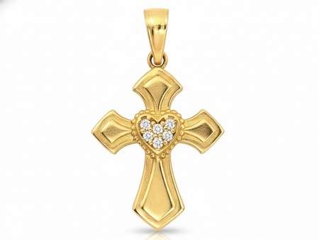Złota zawieszka krzyżyk z sercem z cyrkoniami