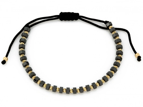 Bransoletka złote kulki i hematyty na czarnym sznurku