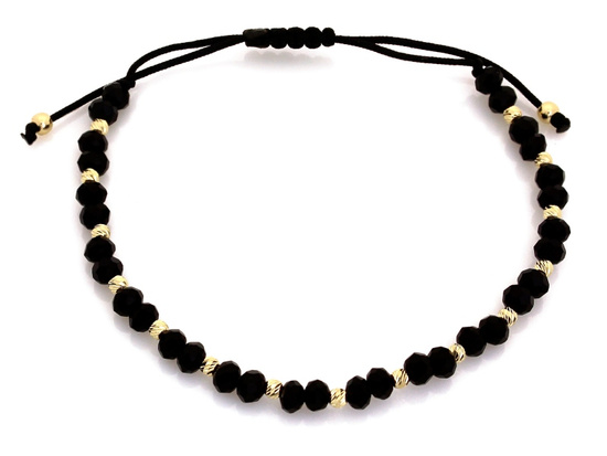 Złota bransoletka z kulkami i onyksami na czarnym sznurku