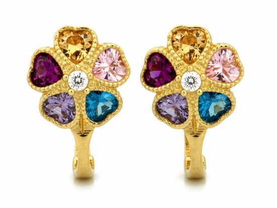 Kolczyki złote angielskie błyszczące kwiatki z kolorowymi cyrkoniami