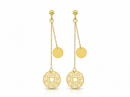 Złote kolczyki długie wiszące z ażurowym kółkiem wzór grecki