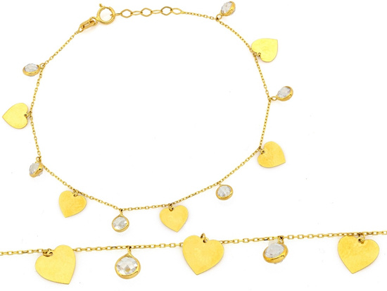 Bransoletka złota łańcuszkowa trzy wiszące serca z cyrkoniami