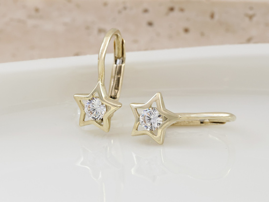 Kolczyki złote gwiazdka z cyrkonią bezpieczne zapięcie