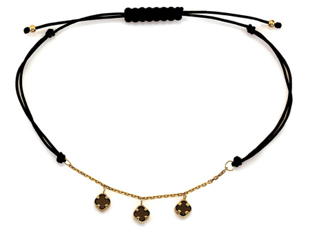 Bransoletka czarna sznurkowa złote kwiatki z czarnymi kamieniami