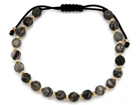 Bransoletka złote kulki i marmurkowe kamienie na czarnym sznurku