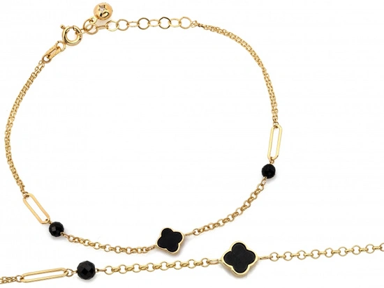 Złota bransoletka modna oryginalna kulki z onyksów czarna koniczynka