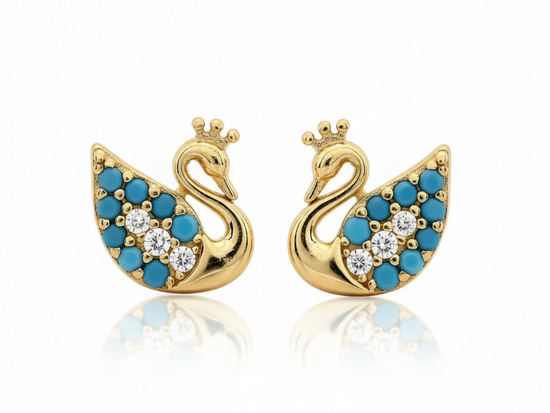 Kolczyki złote niebieski łabędź w koronie na sztyfcie