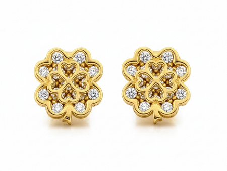 Kolczyki złote koniczynka na sztyfcie ażurowe z cyrkoniami