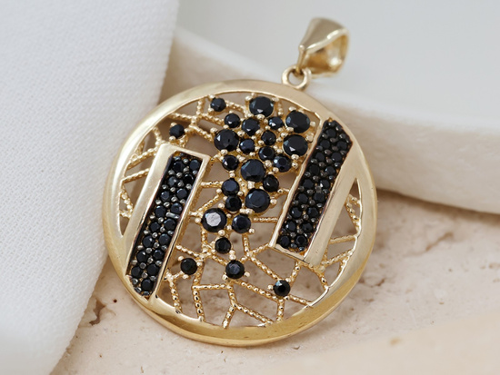 Zawieszka złota okrągła ażurowa z czarnymi cyrkoniami