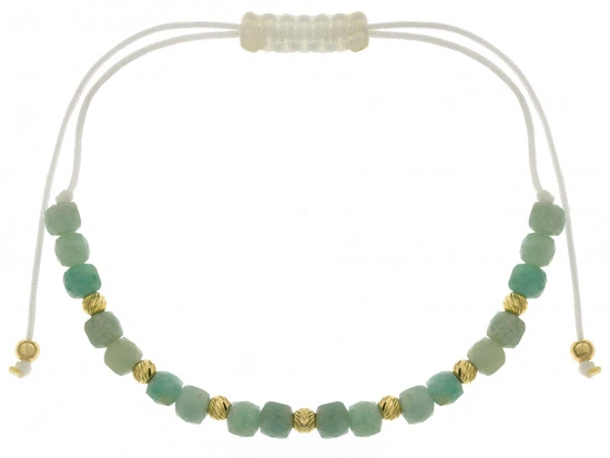 Bransoletka złote kulki i zielone kamienie na białym sznurku