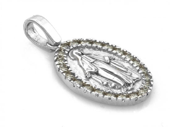 Złoty medalik dla dziewczynki owalny z Niepokalaną z cyrkoniami