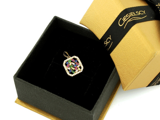 Zawieszka złota delikatna kwadratowa z kolorowymi kamieniami