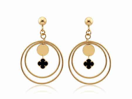 Kolczyki złote wiszące z czarnym kwiatkiem
