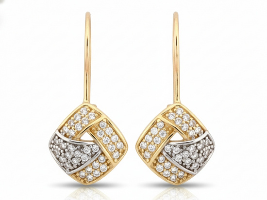 Kolczyki złote na biglu kwadraty z cyrkoniami