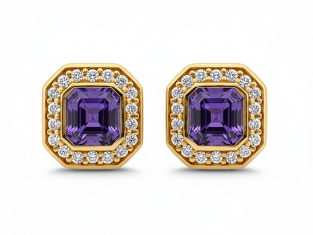 Złote kolczyki na sztyfcie kwadratowe fioletowe