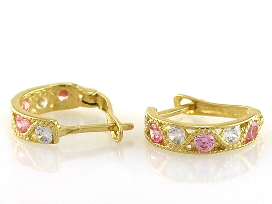 Kolczyki złote dla dziewczynki z różowymi cyrkoniami