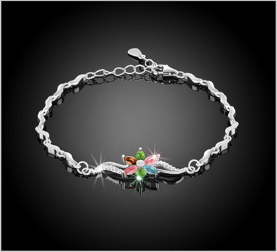 Bransoletka srebrna 925 z 6 naturalnymi turmalinami i diamentowymi cyrkoniami - kwiat