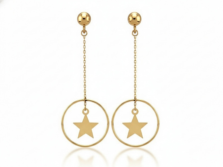 Kolczyki złote koła na łańcuszku z gwiazdą sztyfty