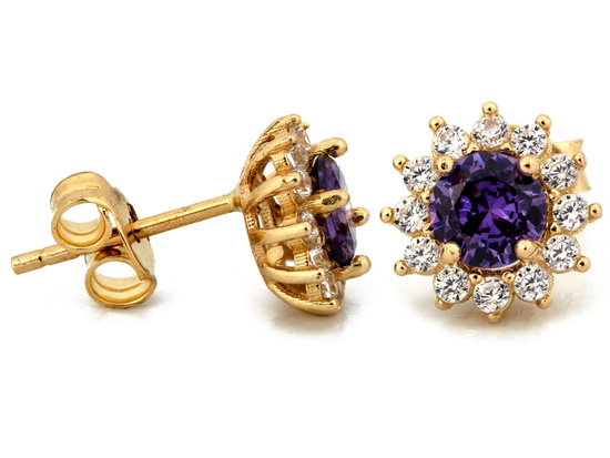Kolczyki złote okrągła markiza na sztyfcie z fioletowym kamieniem
