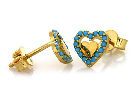 Kolczyki złote serca na sztyfcie z niebieskimi kamieniami