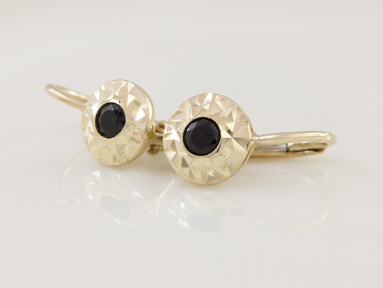 Złote kolczyki angielskie okrągłe z czarną cyrkonią