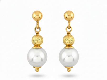 Delikatne złote kolczyki wiszące z perłą i kulką